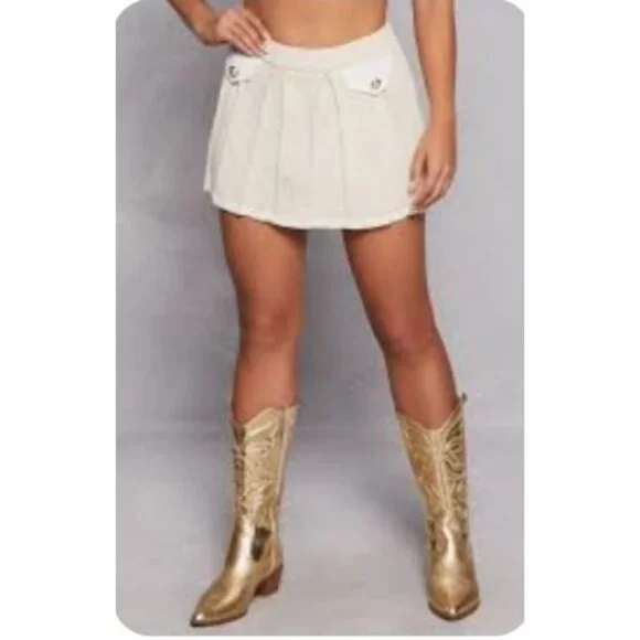 New Womens Size Medium Pleated Academia Preppy Knit Mini Tennis Skirt Beige - Picture 2 of 8